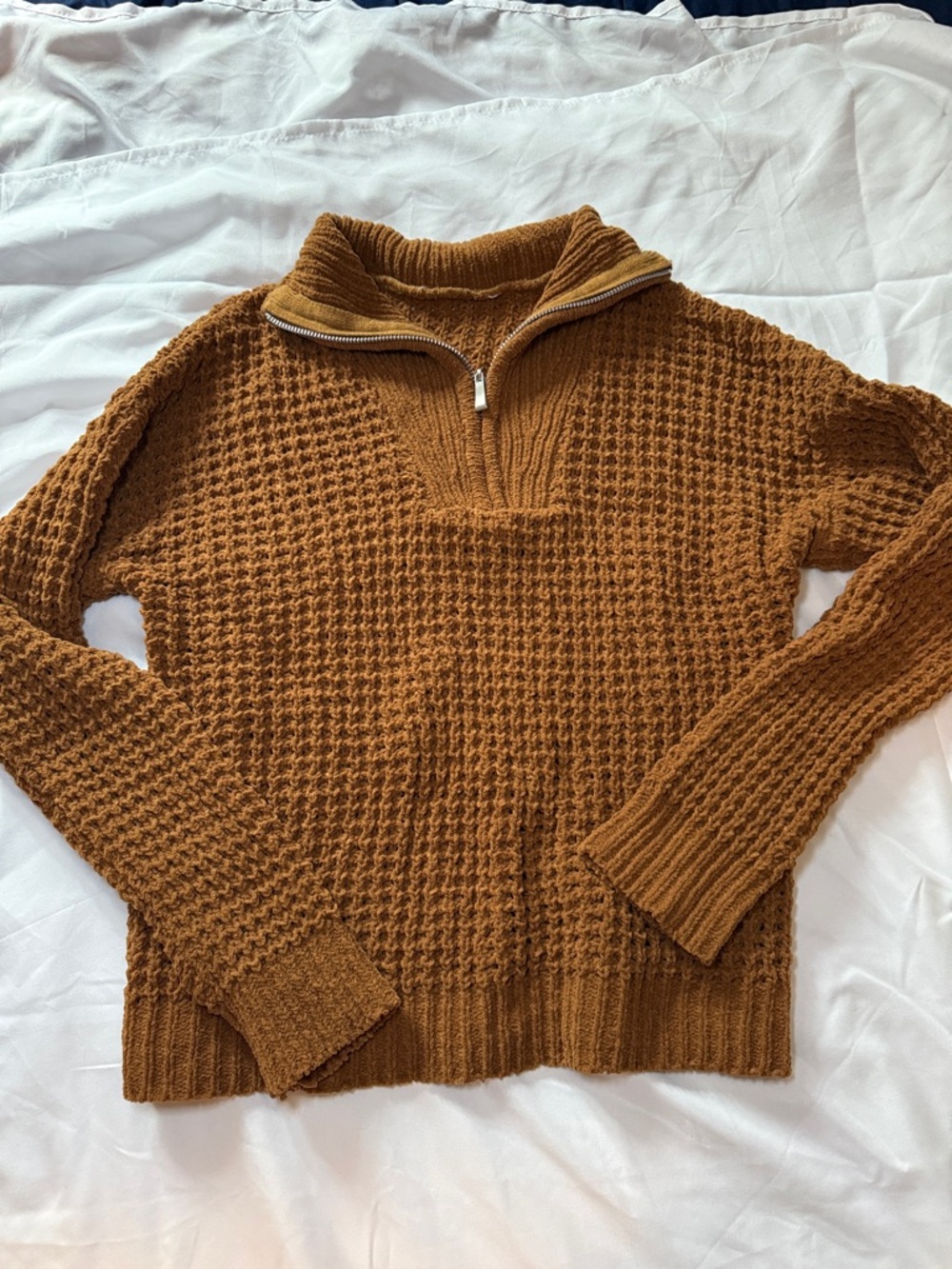 Women's Waffle-Knit Half-Zip Turtleneck Sweater in Rust Brown